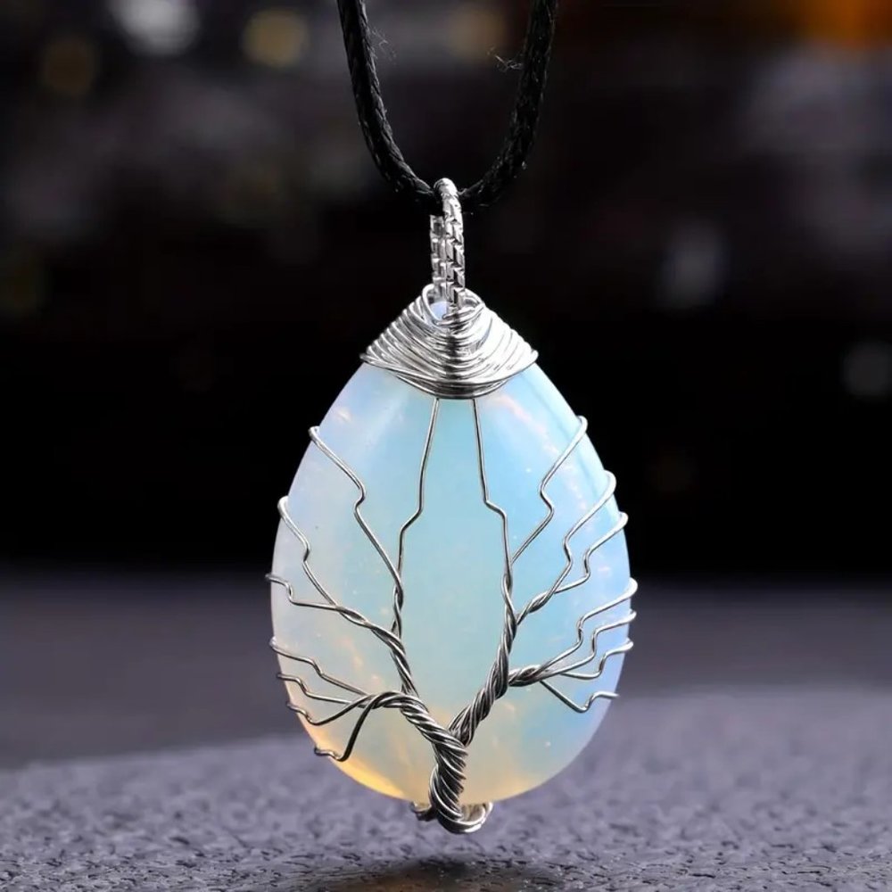 Opal Tree Of Life Wire Wrap Glass Pendant Necklace